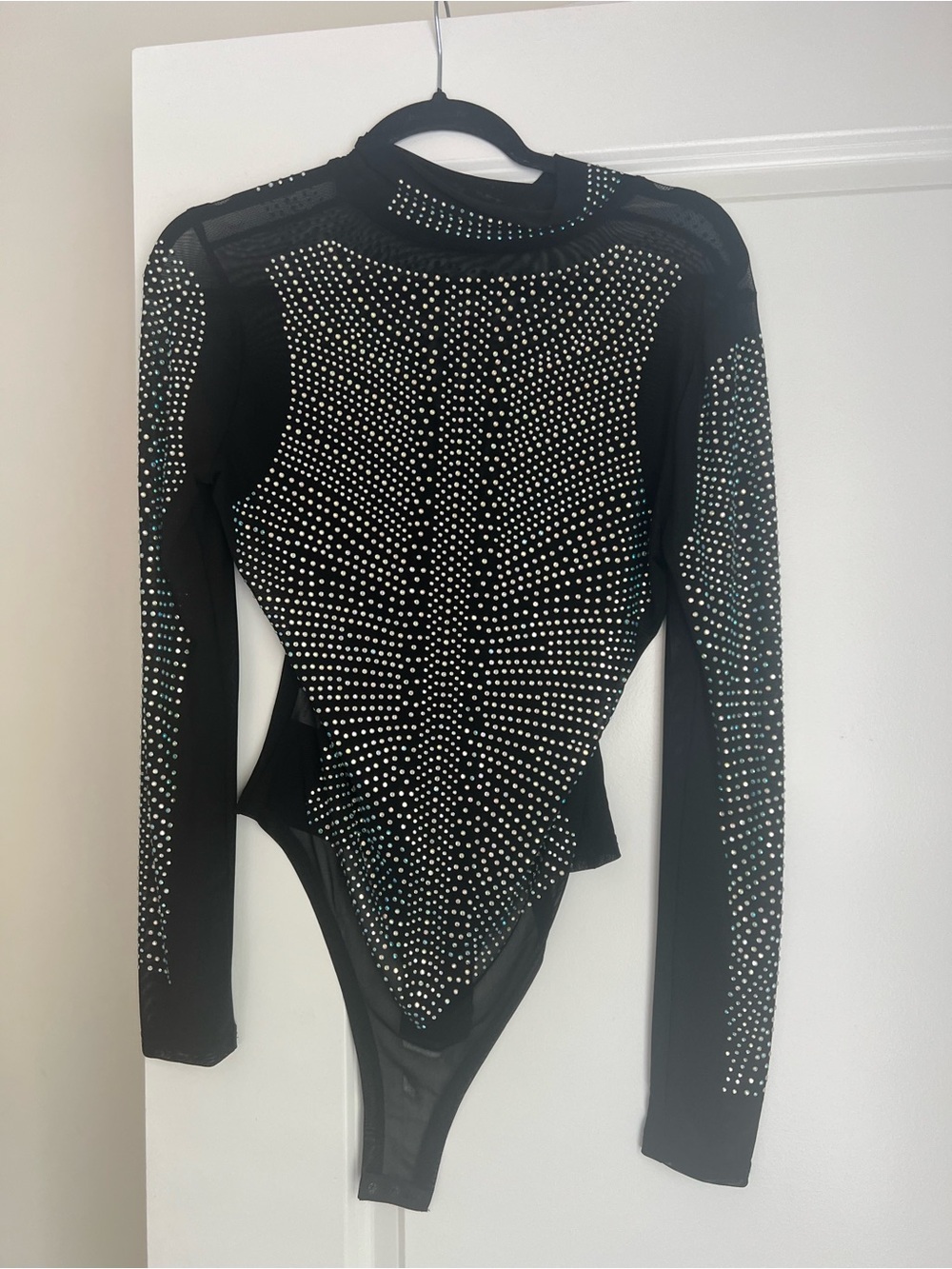 Black Long-Sleeve Rhinestone Bodysuit - Women's Top